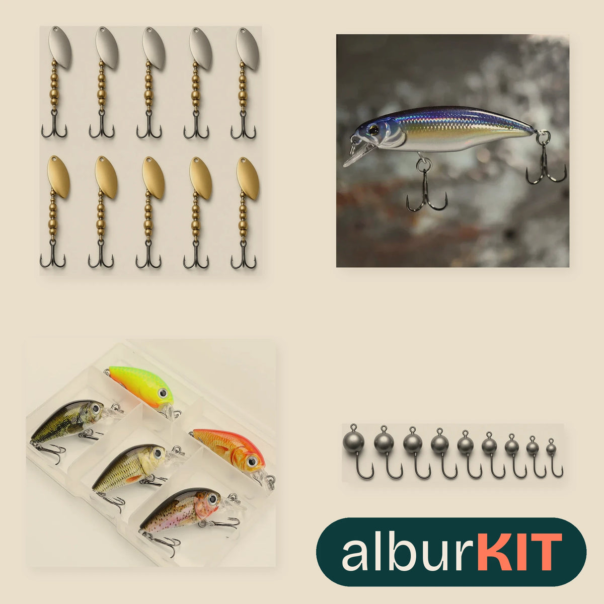 Kit Montaña de albur: piezas del kit sobre fondo arena; algunas se muestran con imagen ilustrativa (Cucharillas giratorias 6,7 cm 7 g, 10 uds; Minnow hundido 52 mm 4,5 g; Pack de 5 minicrankbaits 3,6 cm con caja; Cabezas jig de tungsteno).